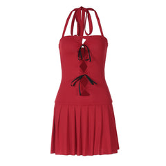 Halter bowknot ruched hollow out mini dress