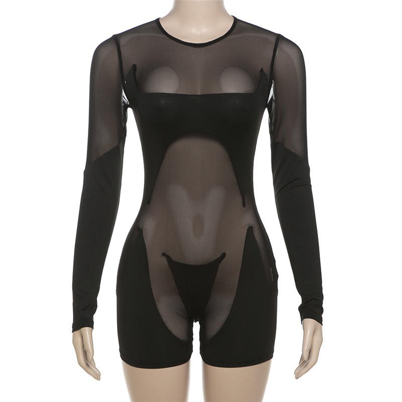 Long sleeve crewneck mesh patchwork zip-up romper