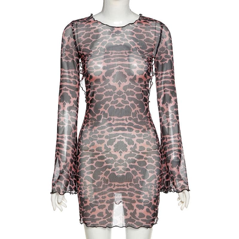 Sheer mesh leopard print contrast see through self tie backless mini dress  | samba dress