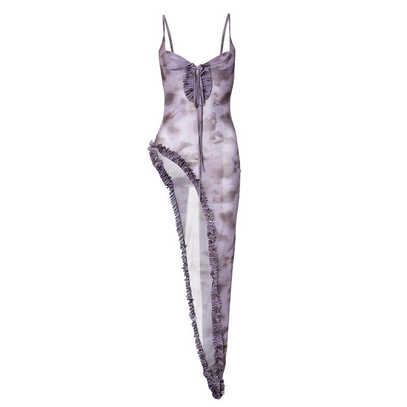Mesh self tie print high slit ruffle cami maxi dress