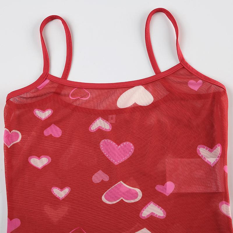 Heart print sheer mesh ruffle cami top