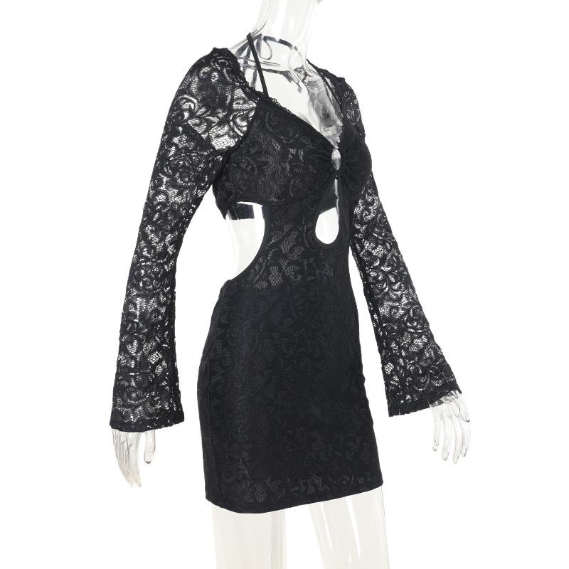 Halter long sleeve lace hollow out o ring mini dress