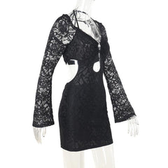 Halter long sleeve lace hollow out o ring mini dress