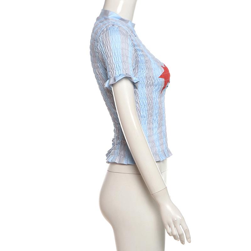 Short sleeve crewneck ruffle smocked letter print top