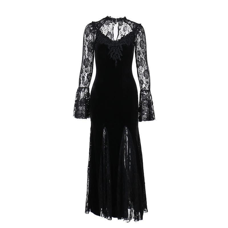 Long flared sleeve crewneck lace embroidery ruffle maxi dress  | red tango dress