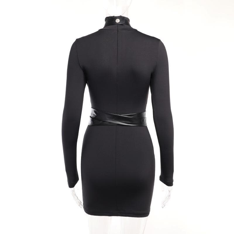 Long sleeve high neck cross front button zip-up mini dress  | black rave dress