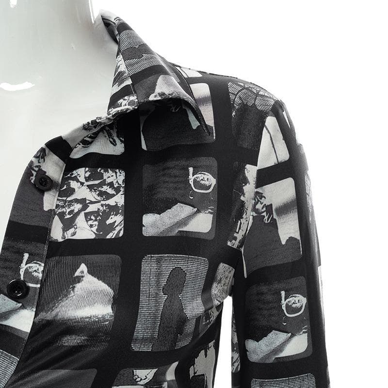 Turnover collar buttoned flared long sleeve print top