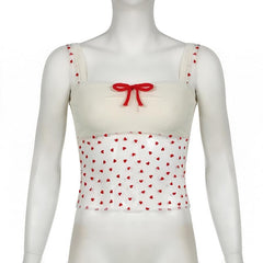 Bowknot ribbed heart pattern mesh cami top