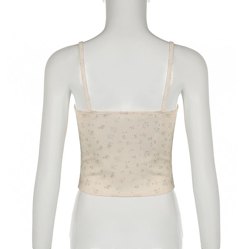 Lace hem bowknot ribbon print stitch cami top