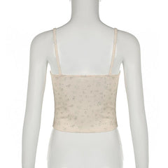 Lace hem bowknot ribbon print stitch cami top