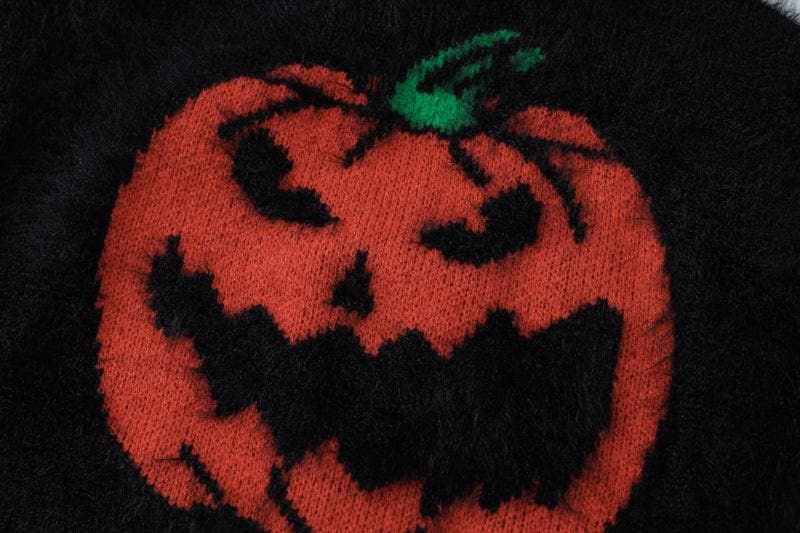 Long sleeve high neck fluffy pumpkin pattern contrast top