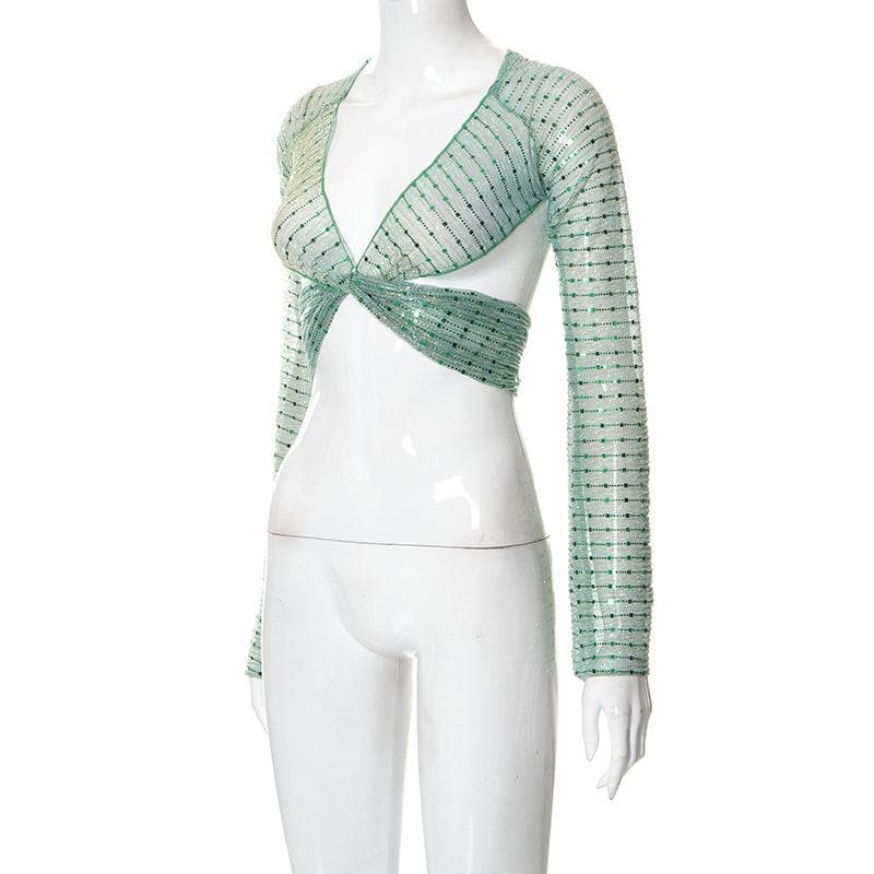 Sheer mesh see through knotted self tie long sleeve glitter crop top