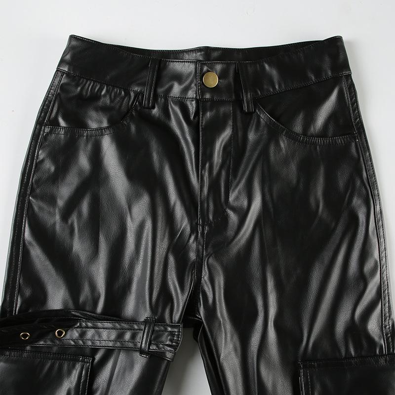 PU leather buckle pocket high rise pant