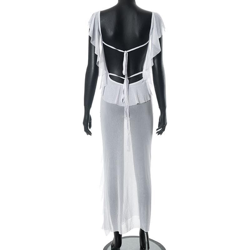 Sheer mesh see through backless ruffle slit cap sleeve maxi dress  | samba dress