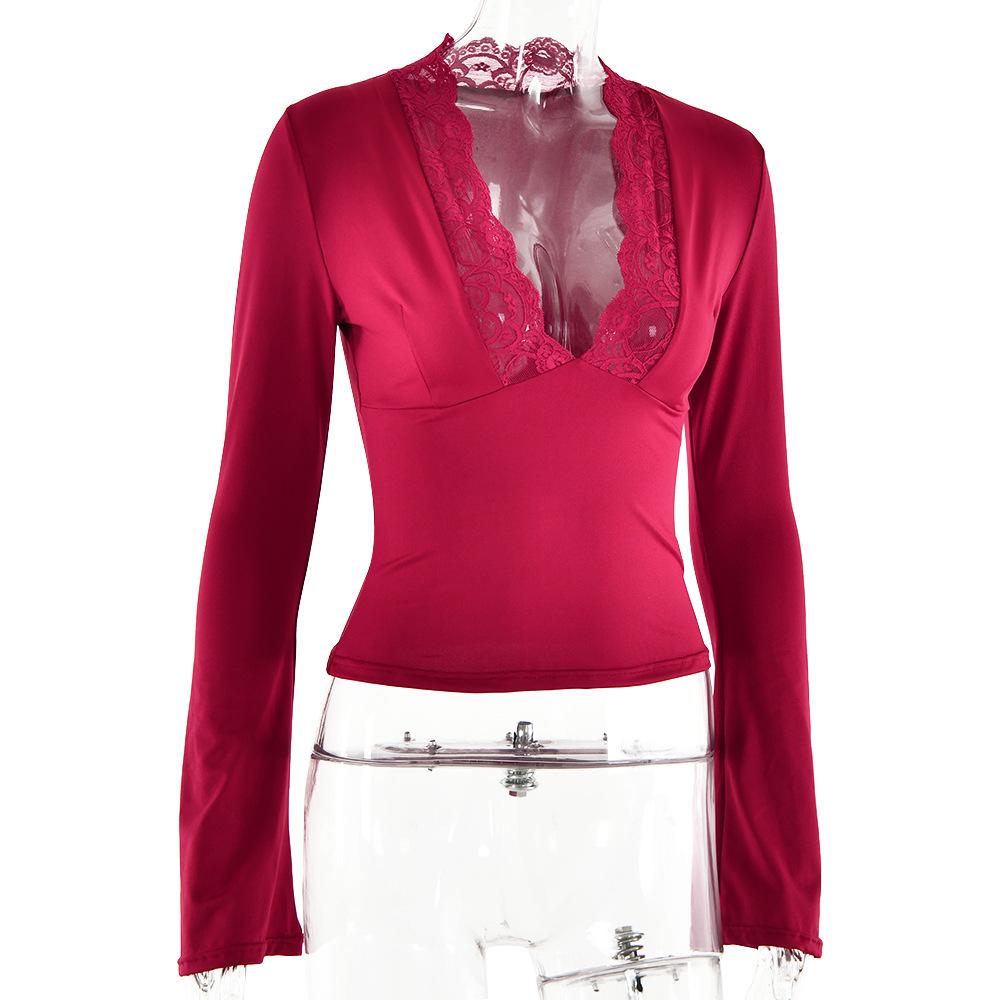 Long flared sleeve deep V neck lace hem top