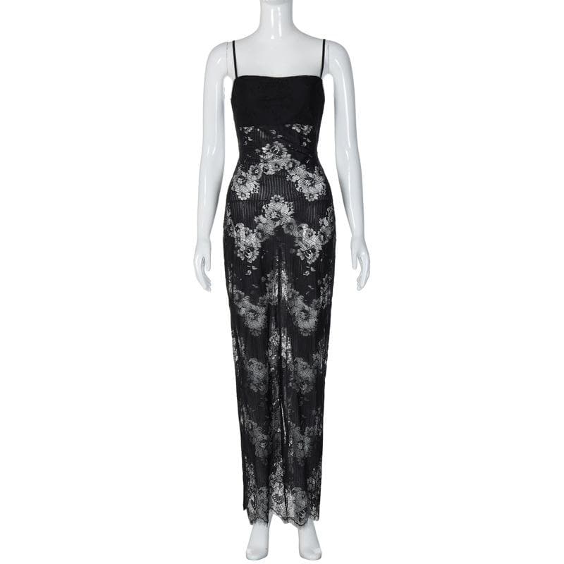 Lace patchwork backless slit cami maxi dress