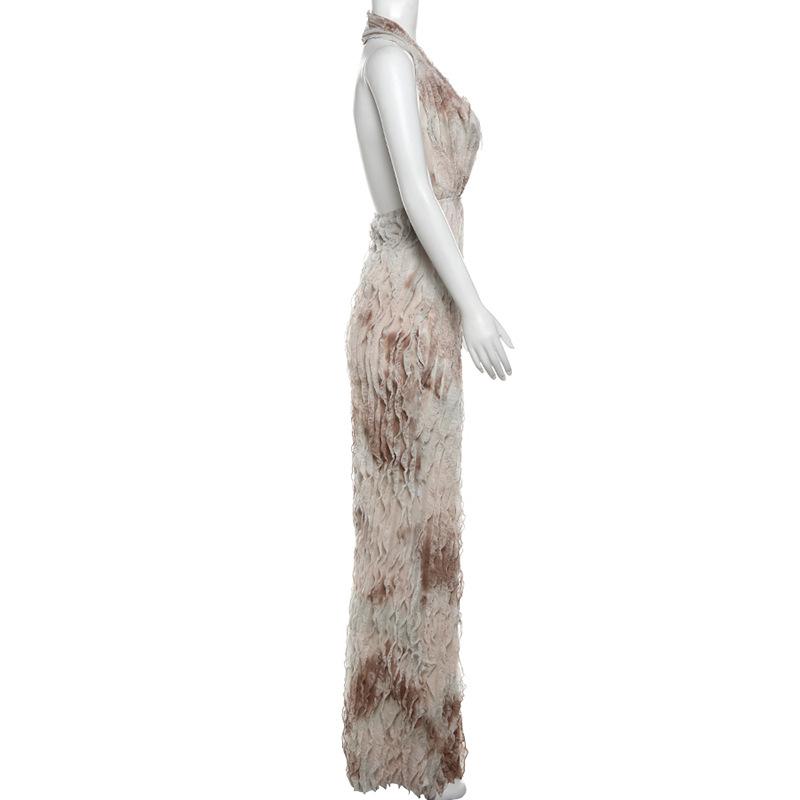 Halter ruffle deep square neck backless maxi dress