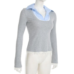 Turnover collar patchwork long sleeve lace hem knitted top