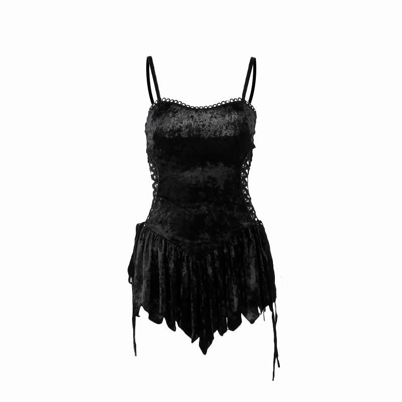 Sweetheart neck velvet lace up ruched cami mini dress