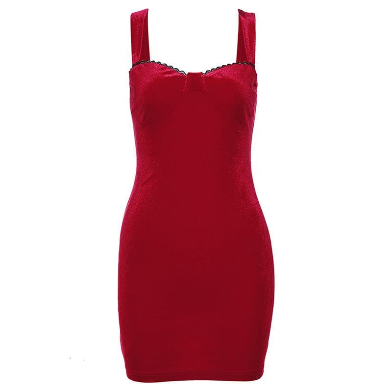 Velvet solid sleeveless sweetheart neck lace hem mini dress  | red tango dress
