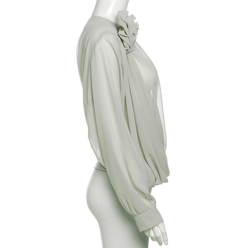 Chiffon flower applique see through off shoulder long sleeve ruched top