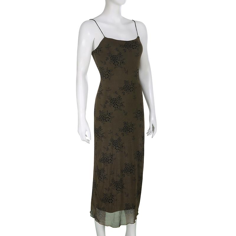 Flower print mesh zip-up cami maxi dress