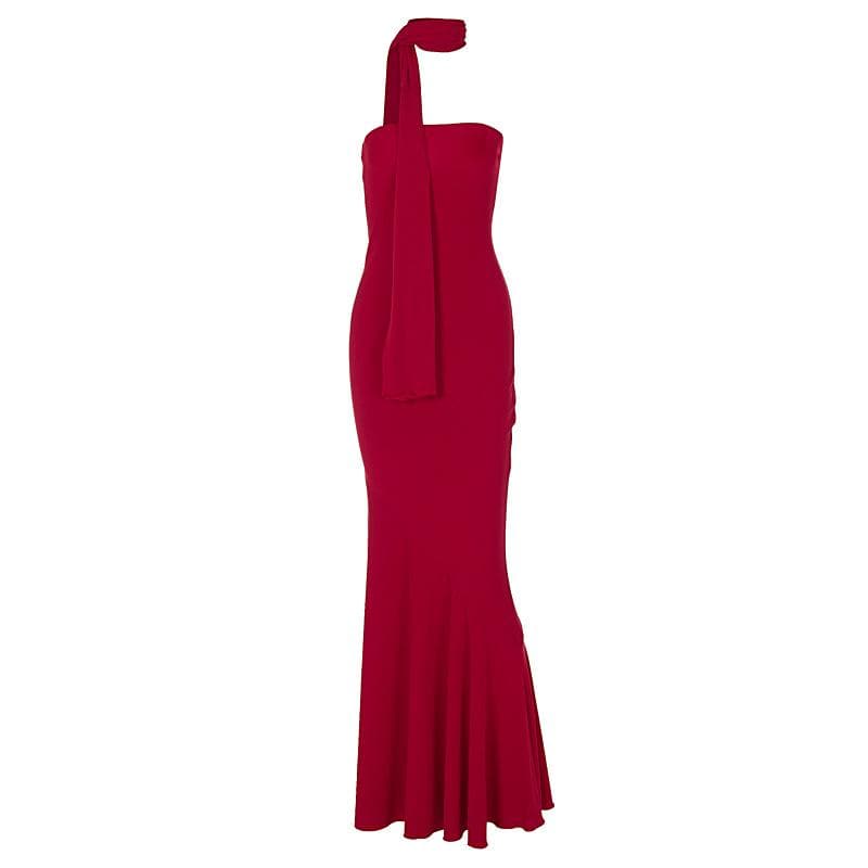 Ribbed ruffle solid backless sleeveless tube maxi dress  | red tango dress