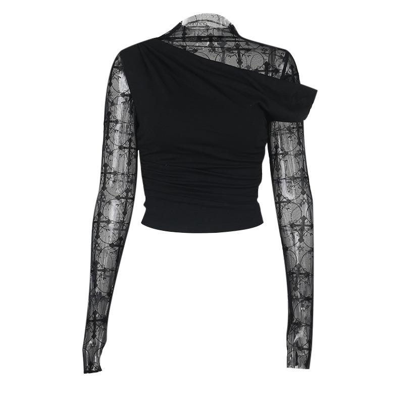 Long sleeve cross pattern mesh patchwork top