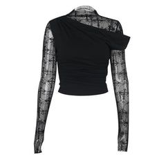 Long sleeve cross pattern mesh patchwork top
