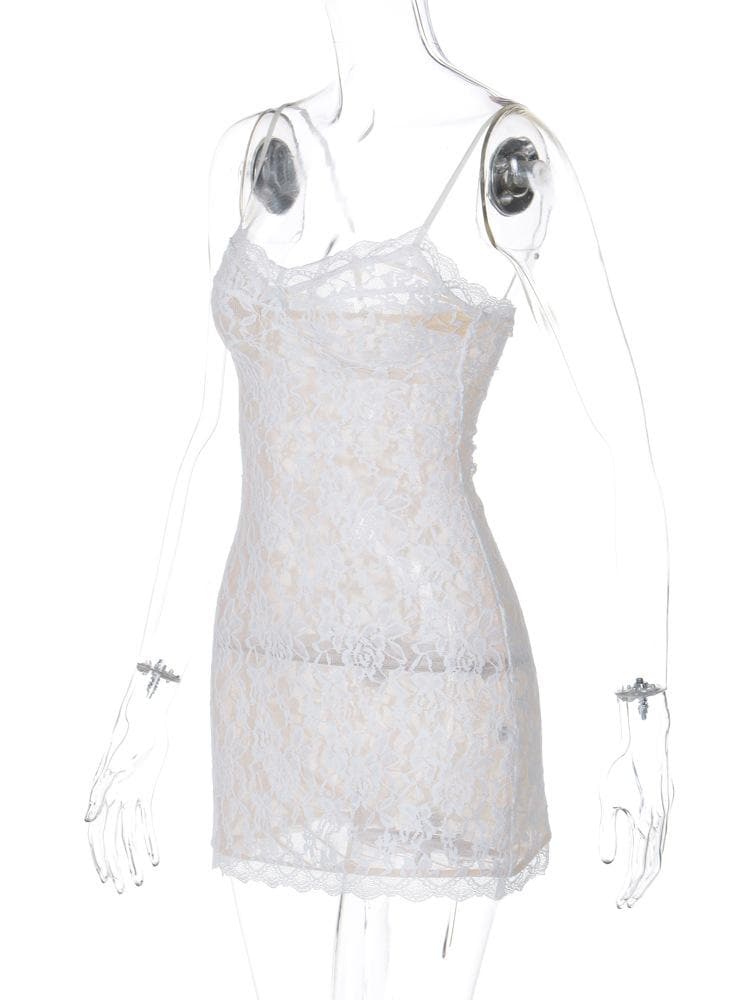 V neck see through lace bowknot cami mini dress