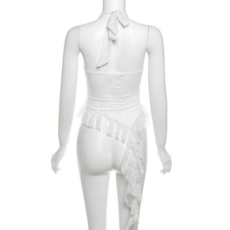 Halter mesh ruffle backless top