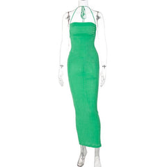 Halter ruched backless lace up solid self tie maxi dress