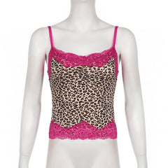 Leopard print lace hem slit cami top