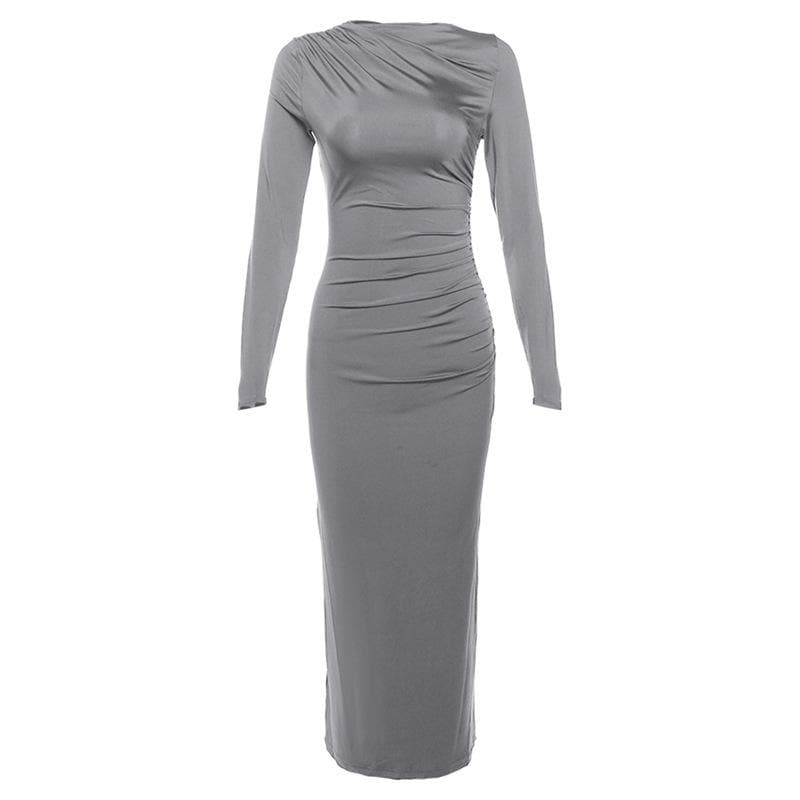 Ruched solid long sleeve zip-up maxi dress  | red tango dress