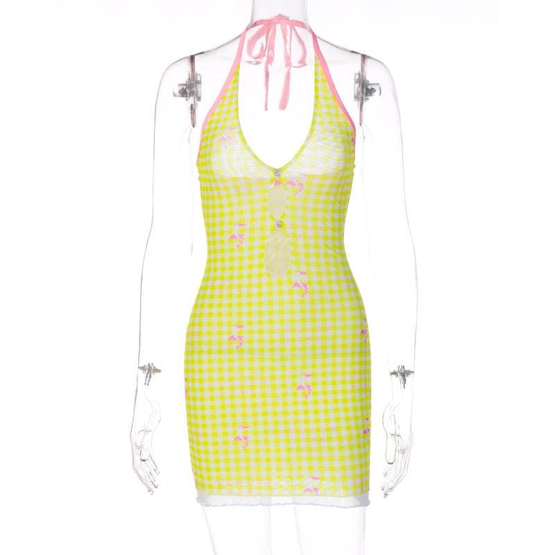 Sheer mesh plaid contrast print halter ruffle backless mini dress  | samba dress