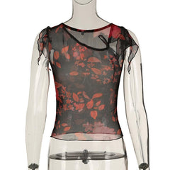 Irregular sheer mesh print ruffle top