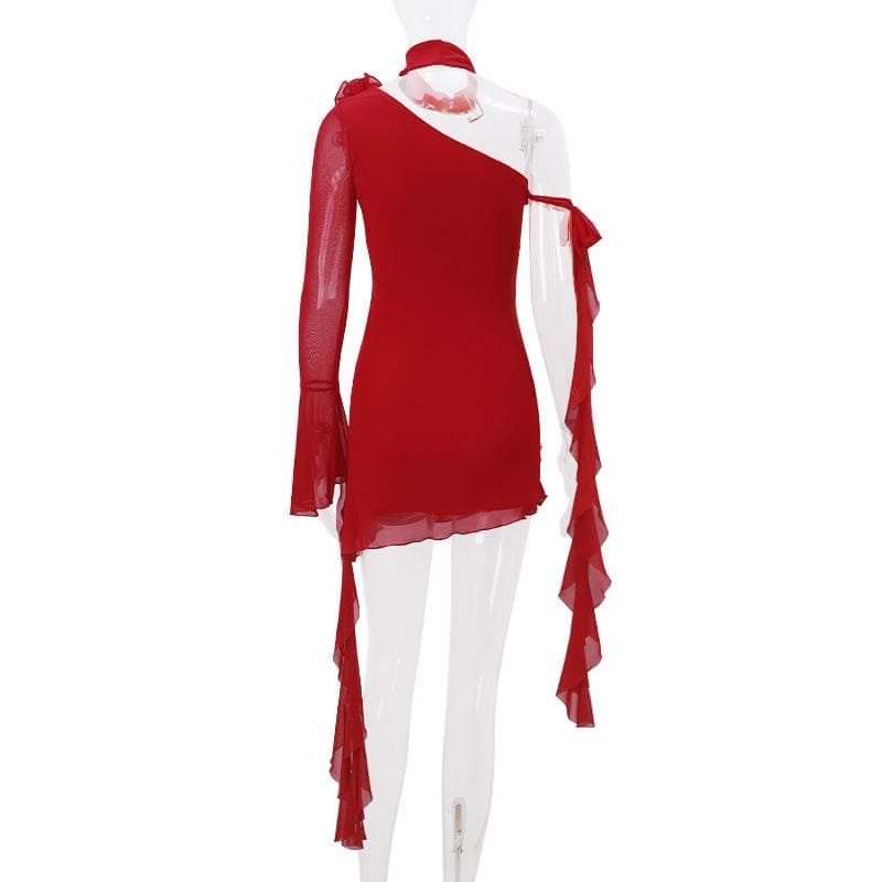 Long flared sleeve one shoulder ruffle flower applique mesh mini dress  | red tango dress