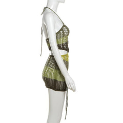 Self tie halter hollow out knitted lace up backless mini dress