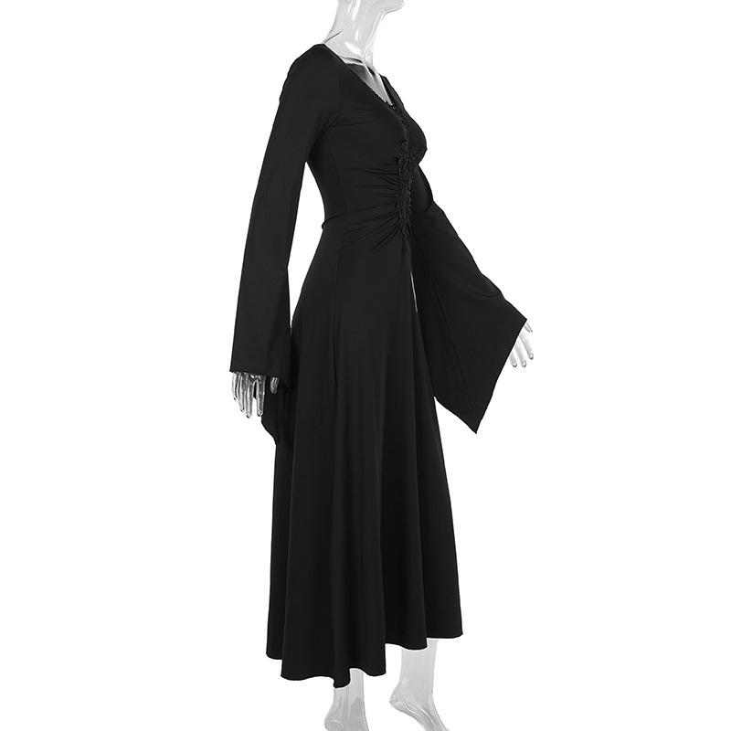 Long flared sleeve v neck embroidery maxi dress