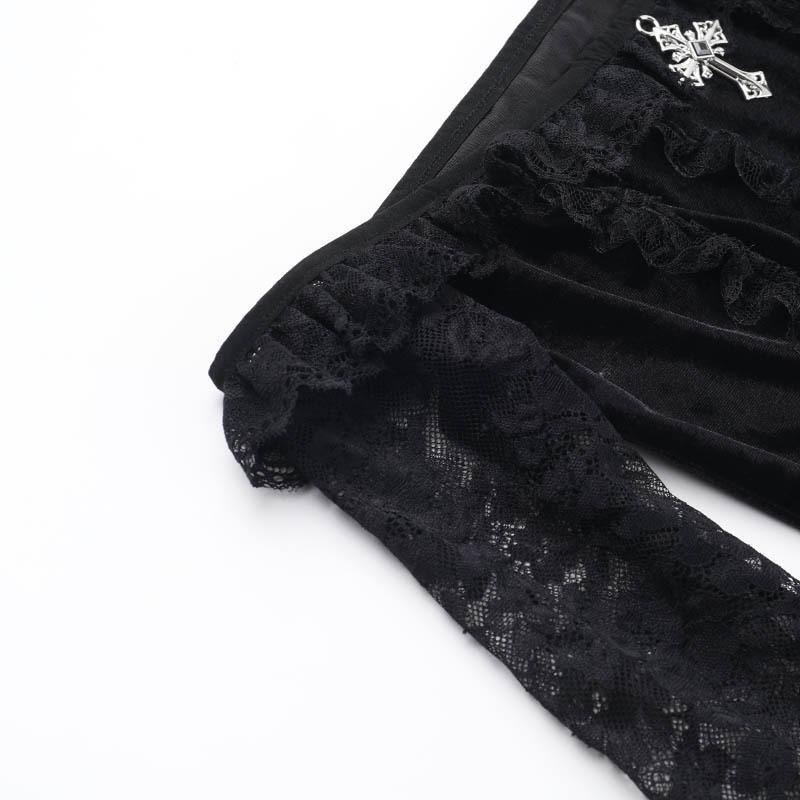 Long flared off shoulder lace cross applique top