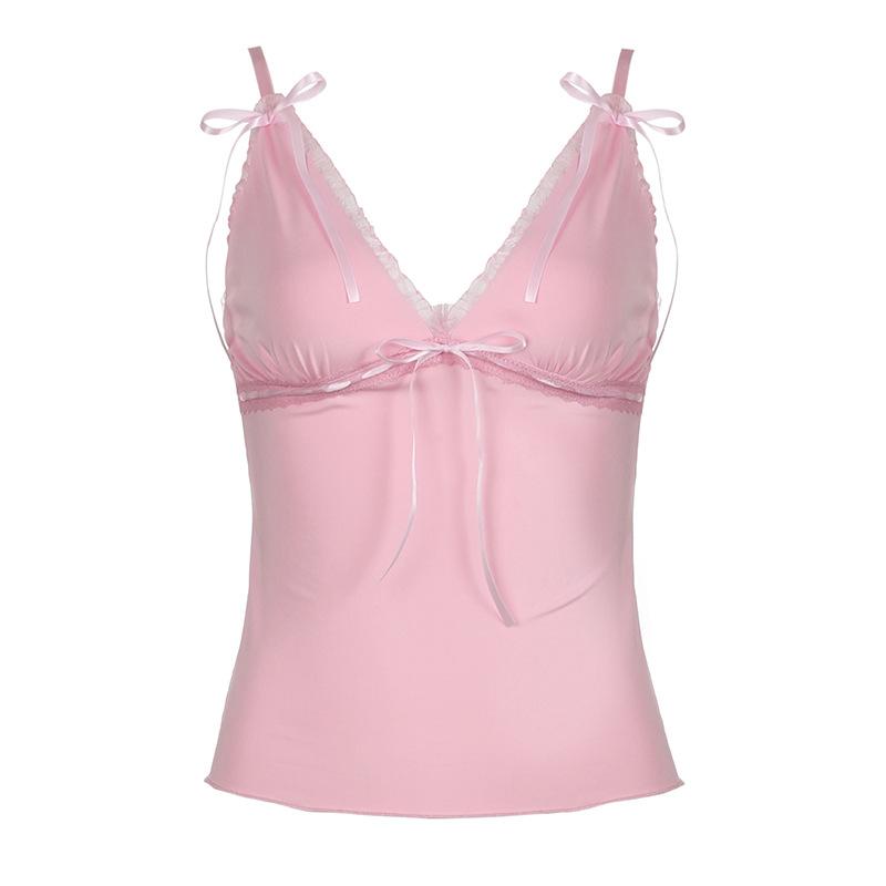 Ribbon bowknot lace hem v neck cami top