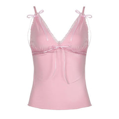 Ribbon bowknot lace hem v neck cami top