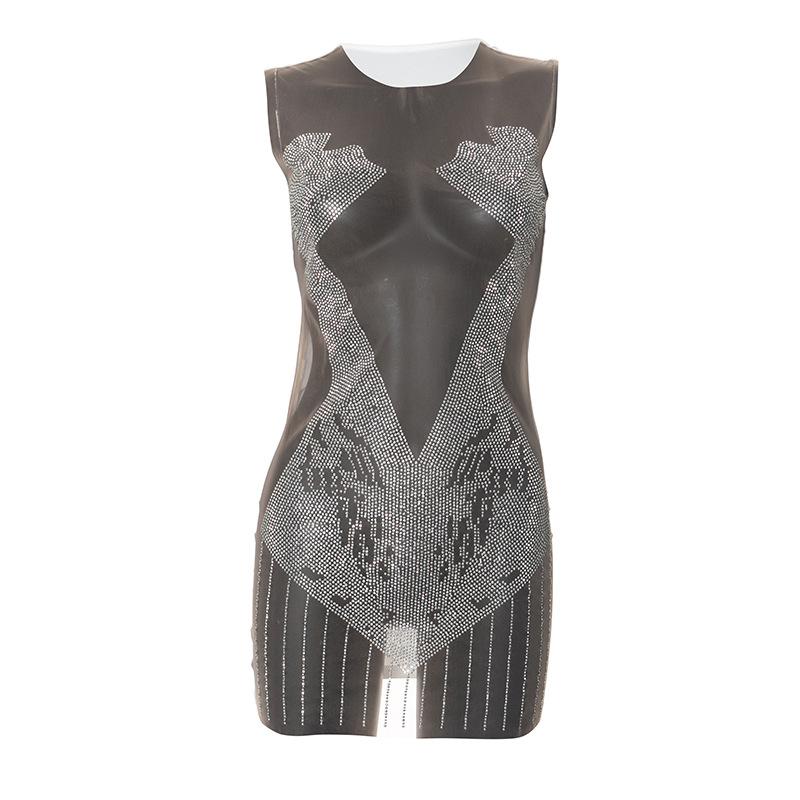 Sleeveless crewneck beaded mesh patchwork see through mini dress