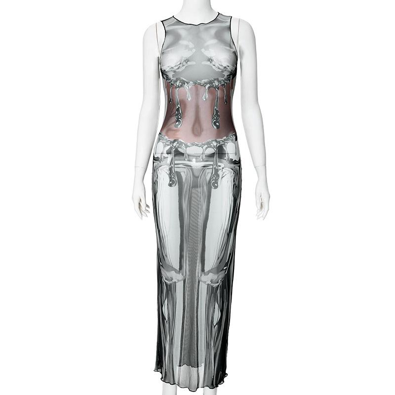 Sleeveless crewneck body print sheer mesh maxi dress  | samba dress