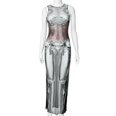 Sleeveless crewneck body print sheer mesh maxi dress  | samba dress