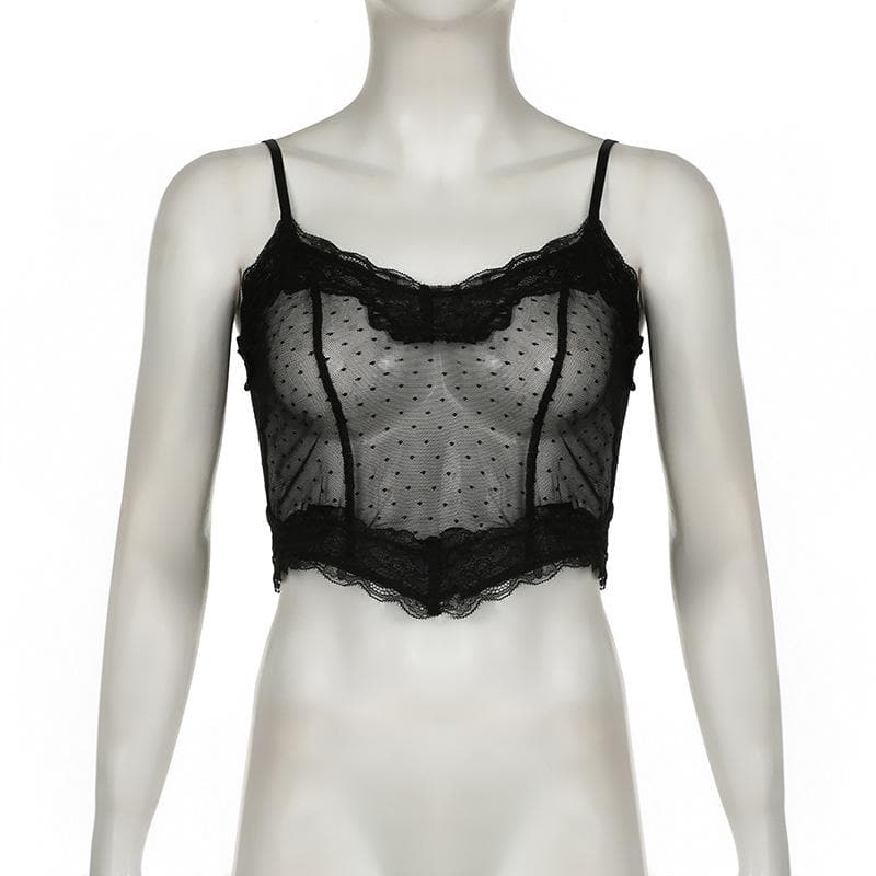 Mesh stitch see through lace hem polka dot cami top