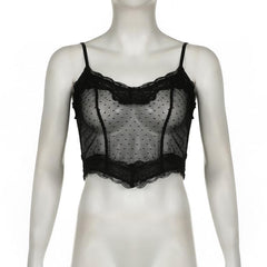 Mesh stitch see through lace hem polka dot cami top