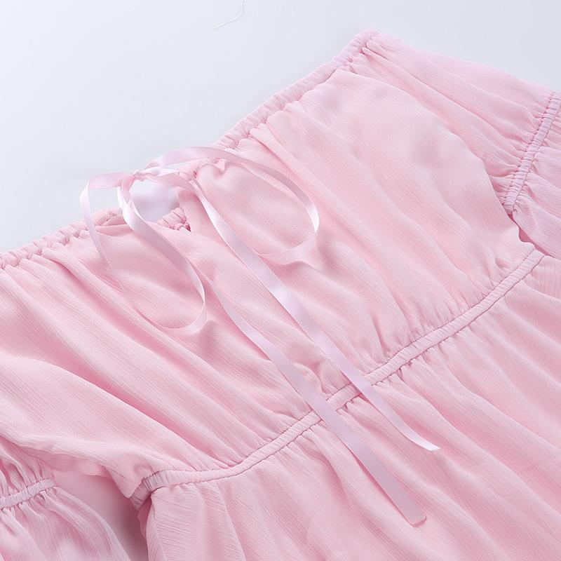Off shoulder long flared self tie mini dress
