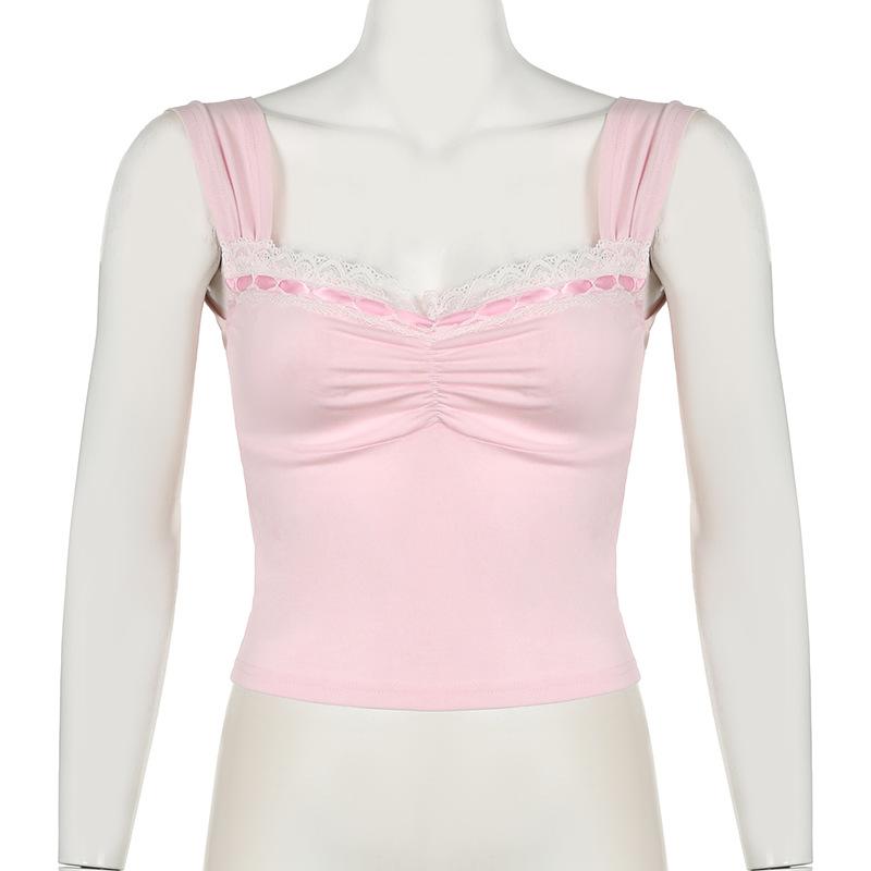 Lace hem ruched ribbon 2-way cami top