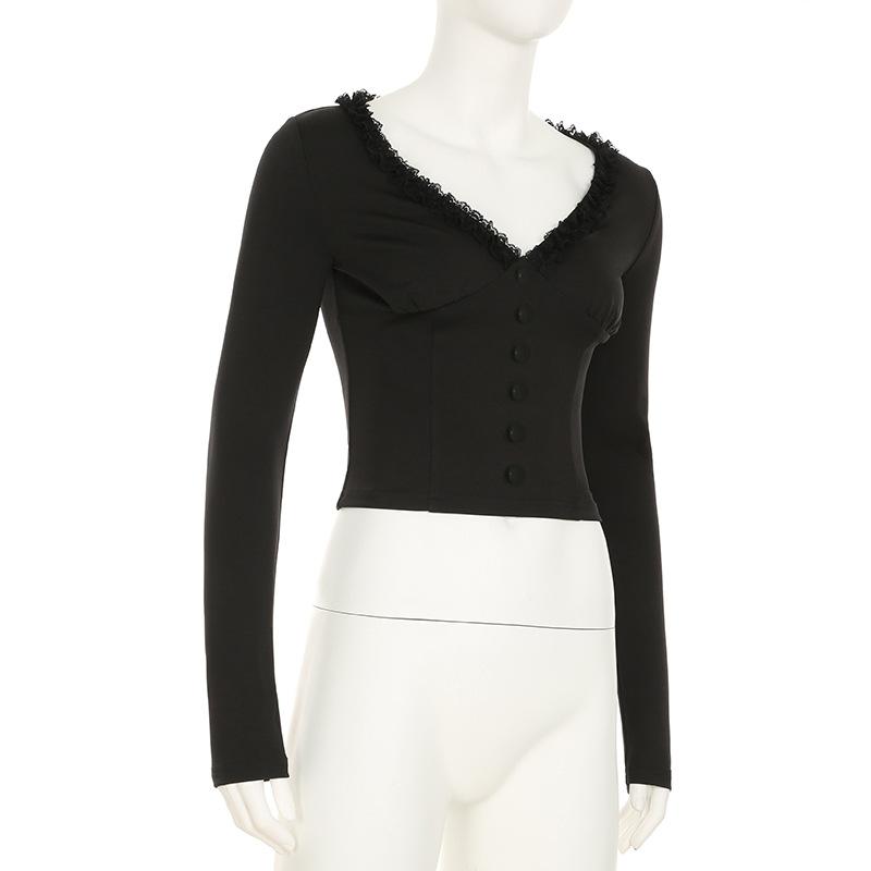 Long sleeve v neck ruffle button top